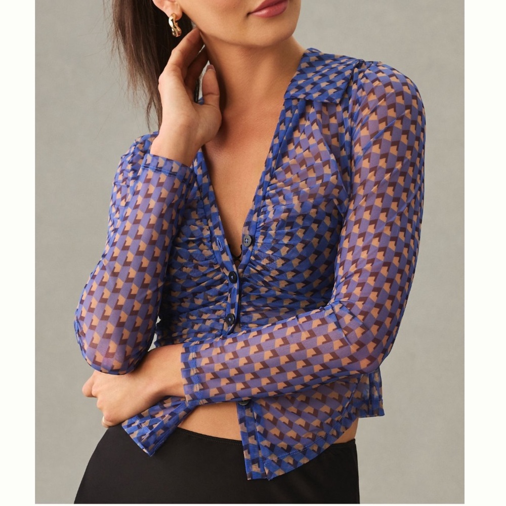 Maeve by Anthropology Sheer Ruched Button down blouse size M